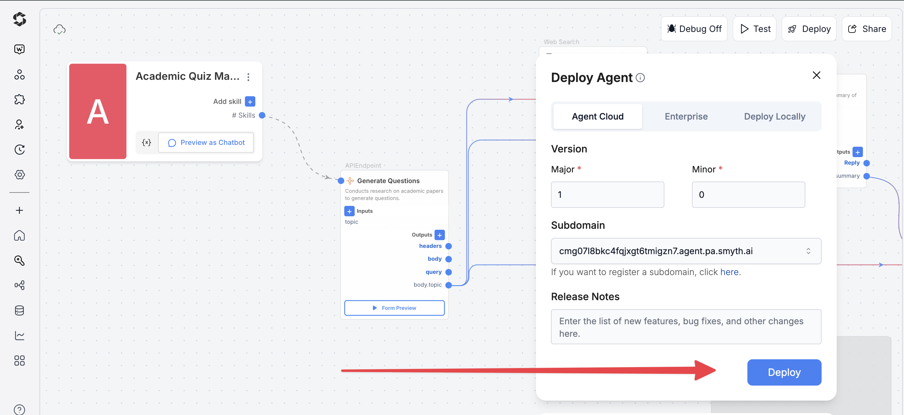 Deploy button in SmythOS Agent Studio