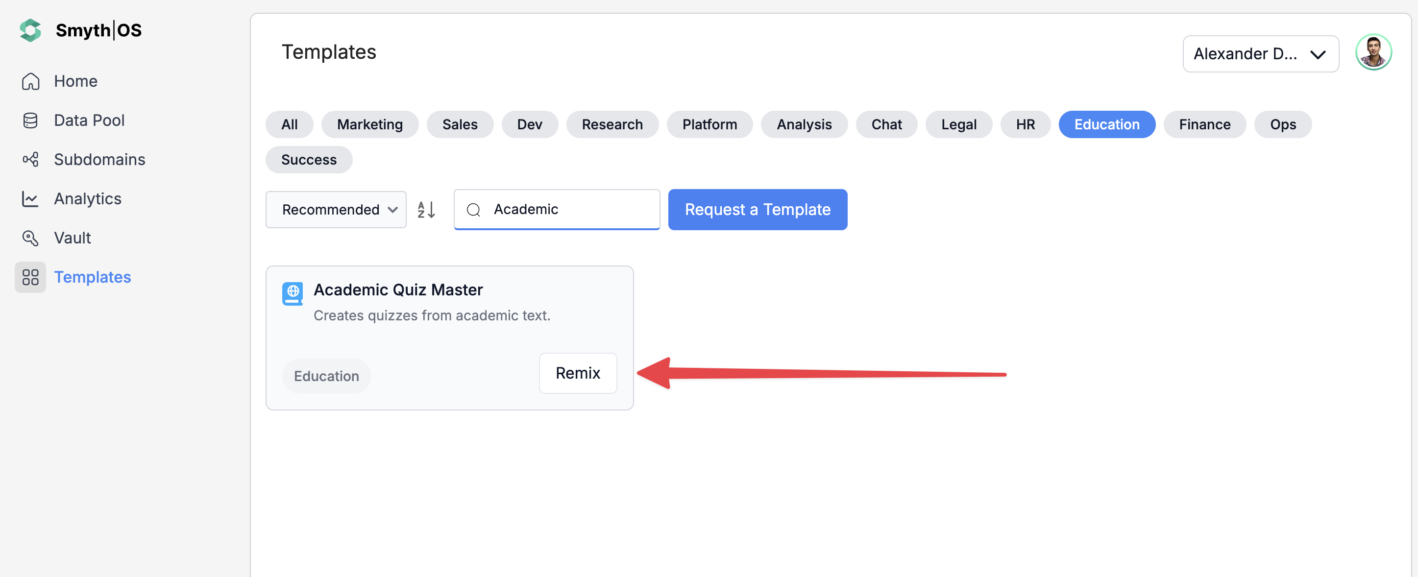 Academic Quiz Master template Remix in SmythOS