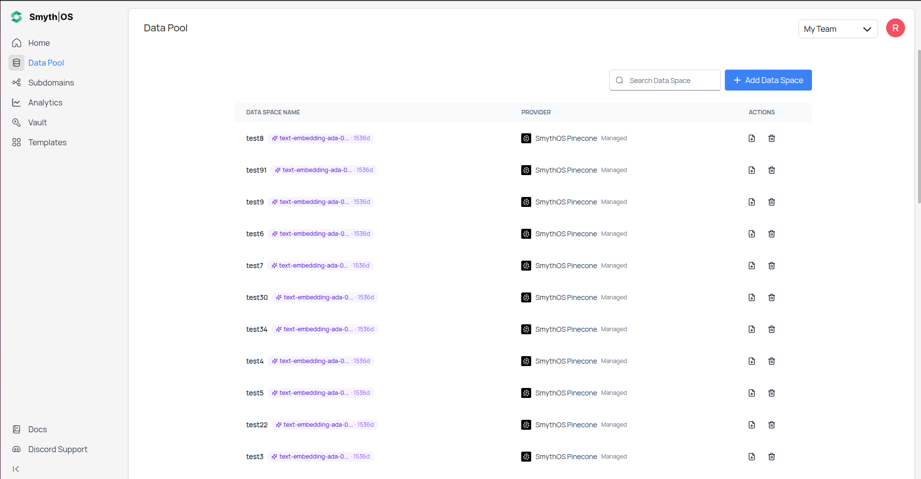 Data Pool table in SmythOS