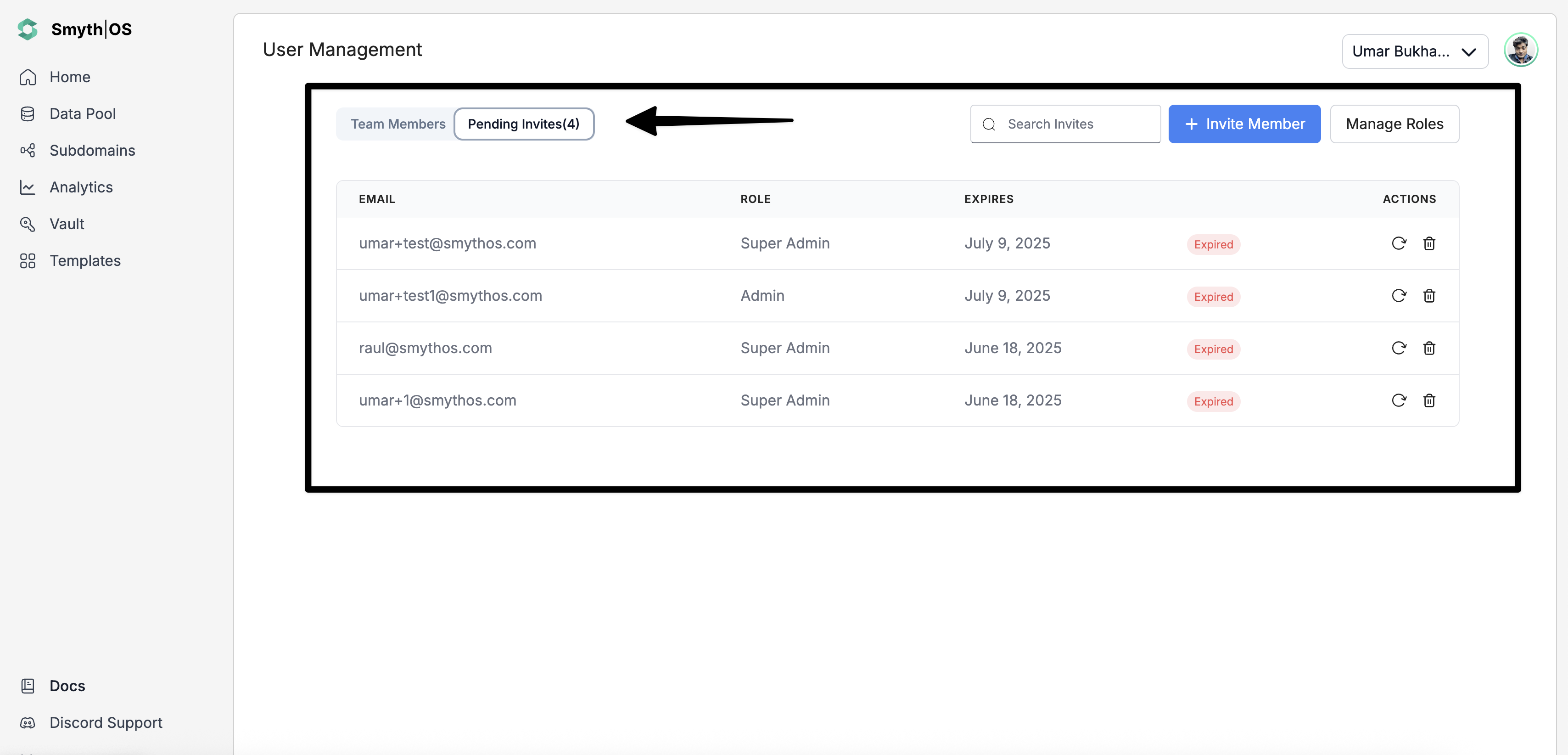 Pending User Invites Table in SmythOS