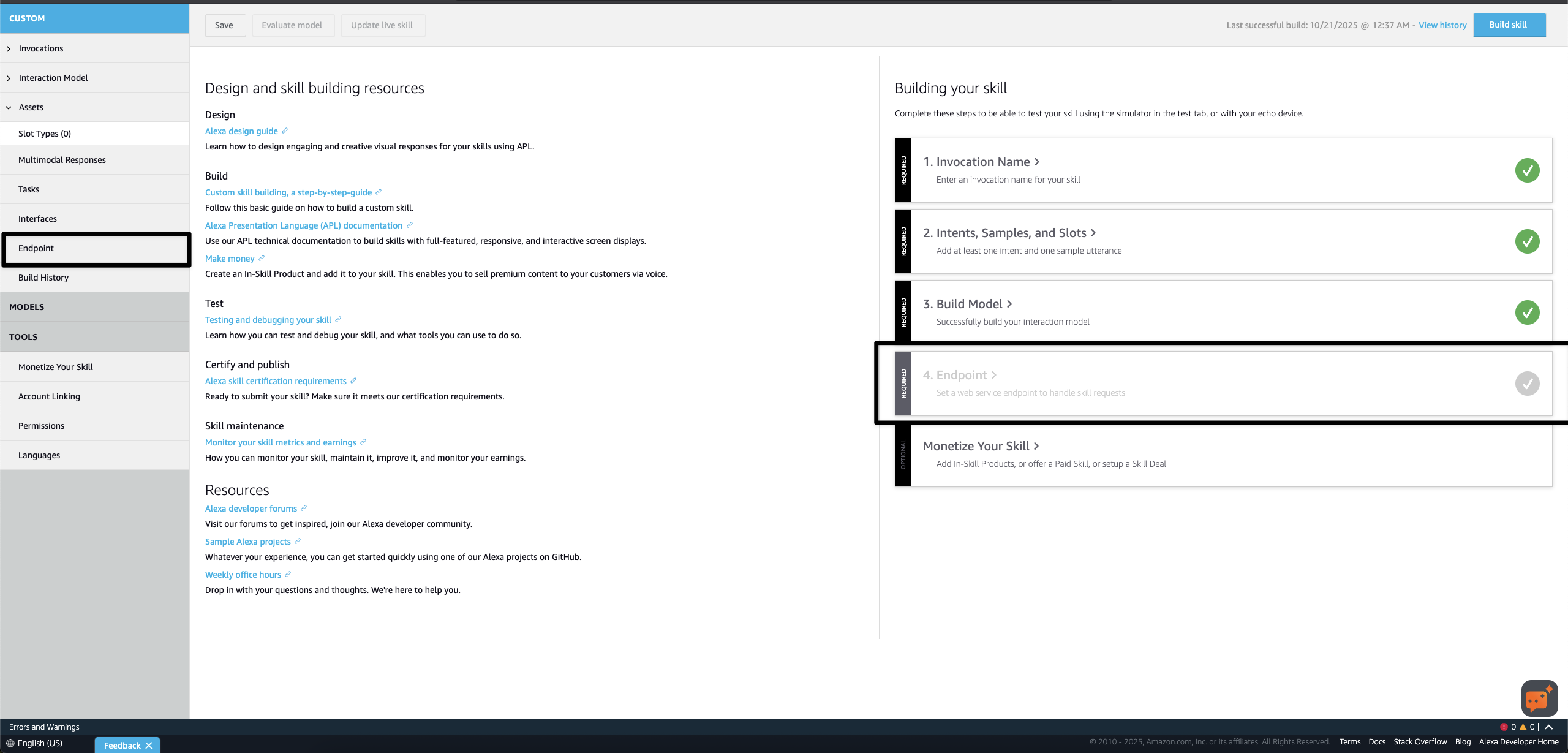 Alexa Developer Console Endpoint Configuration