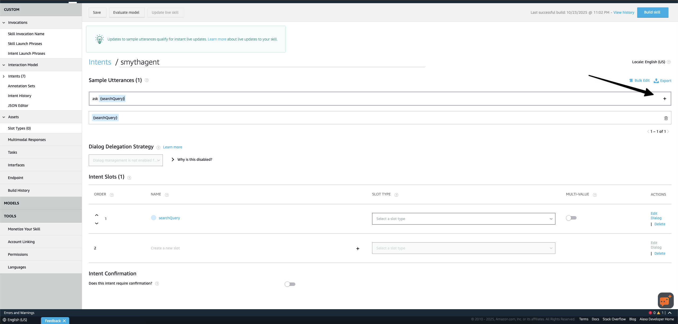 Alexa Intent editor showing utterances and slots for SmythOSAgentIntent