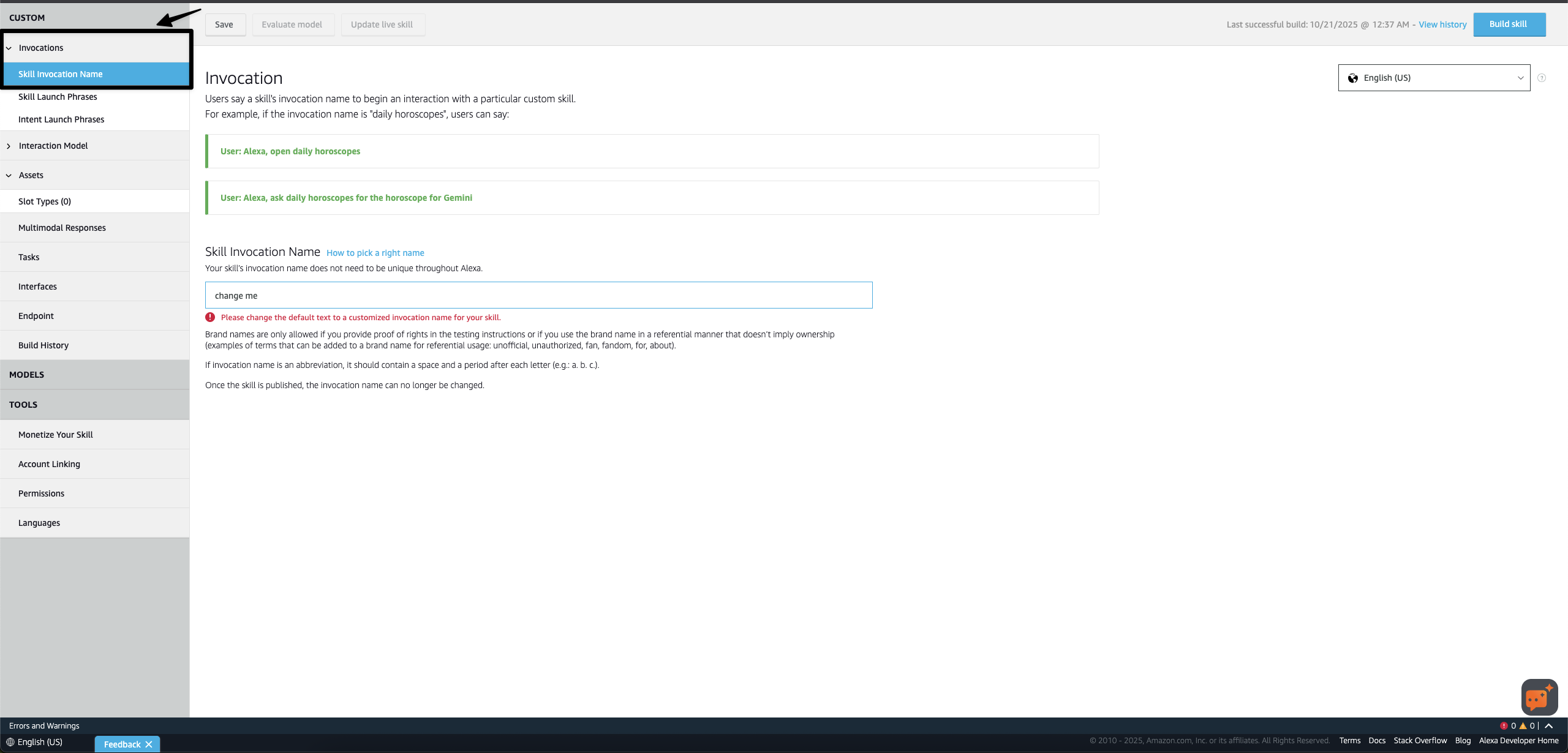 Alexa Skill Invocation Name setting in the developer console