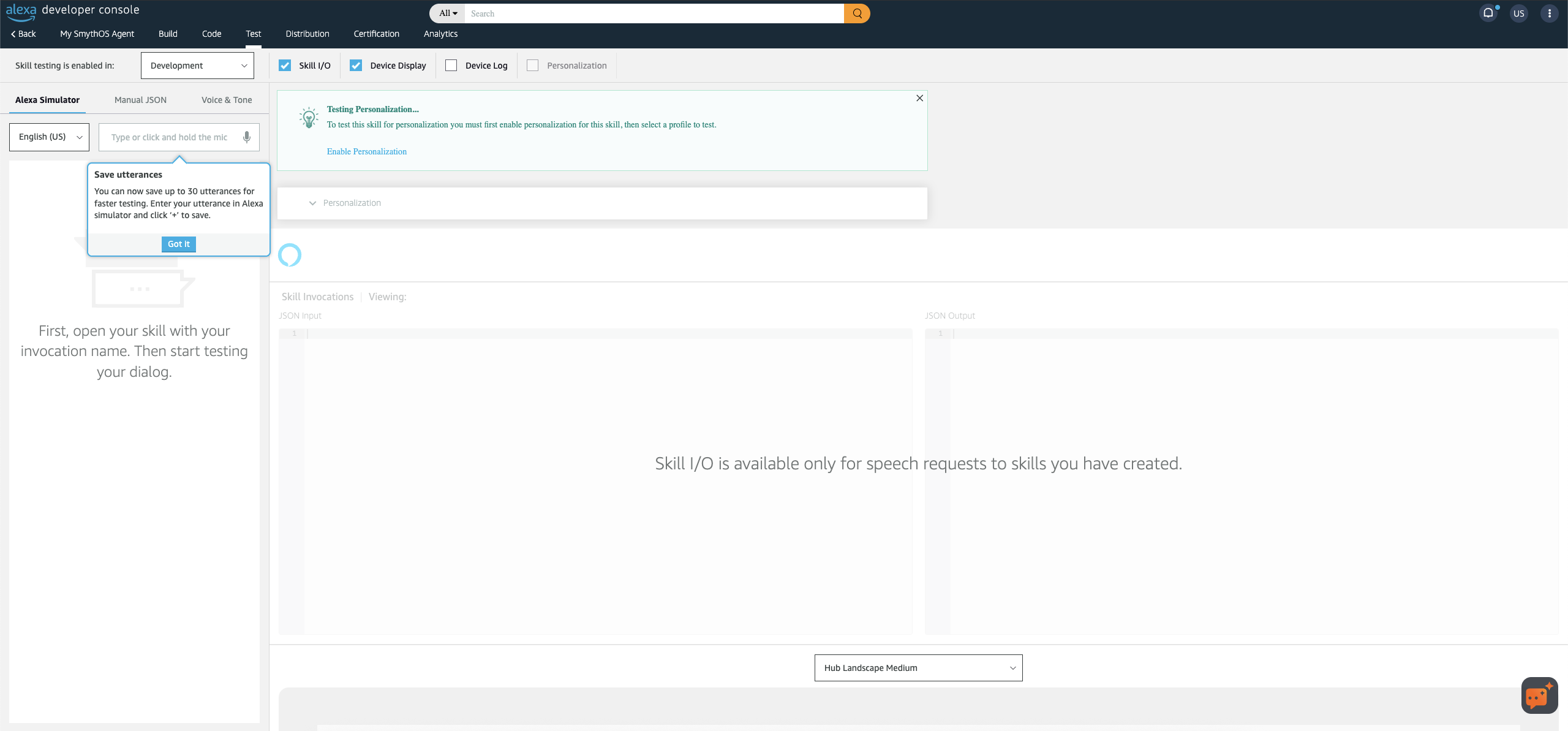 Alexa Skill Test console showing a successful interaction