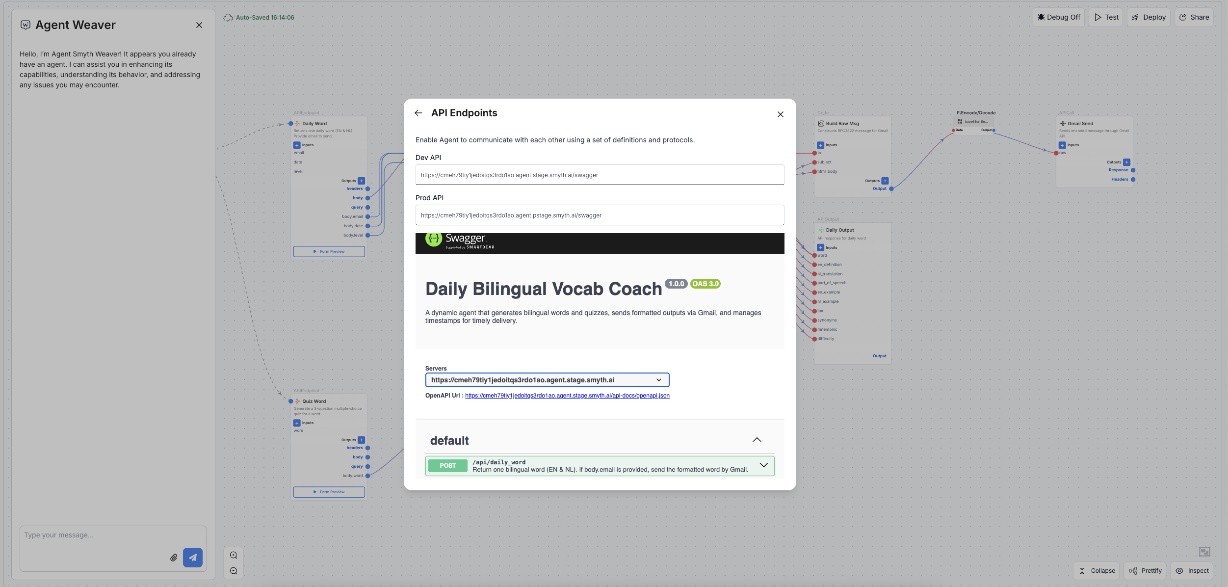 API Endpoints modal showing Swagger and OpenAPI URL