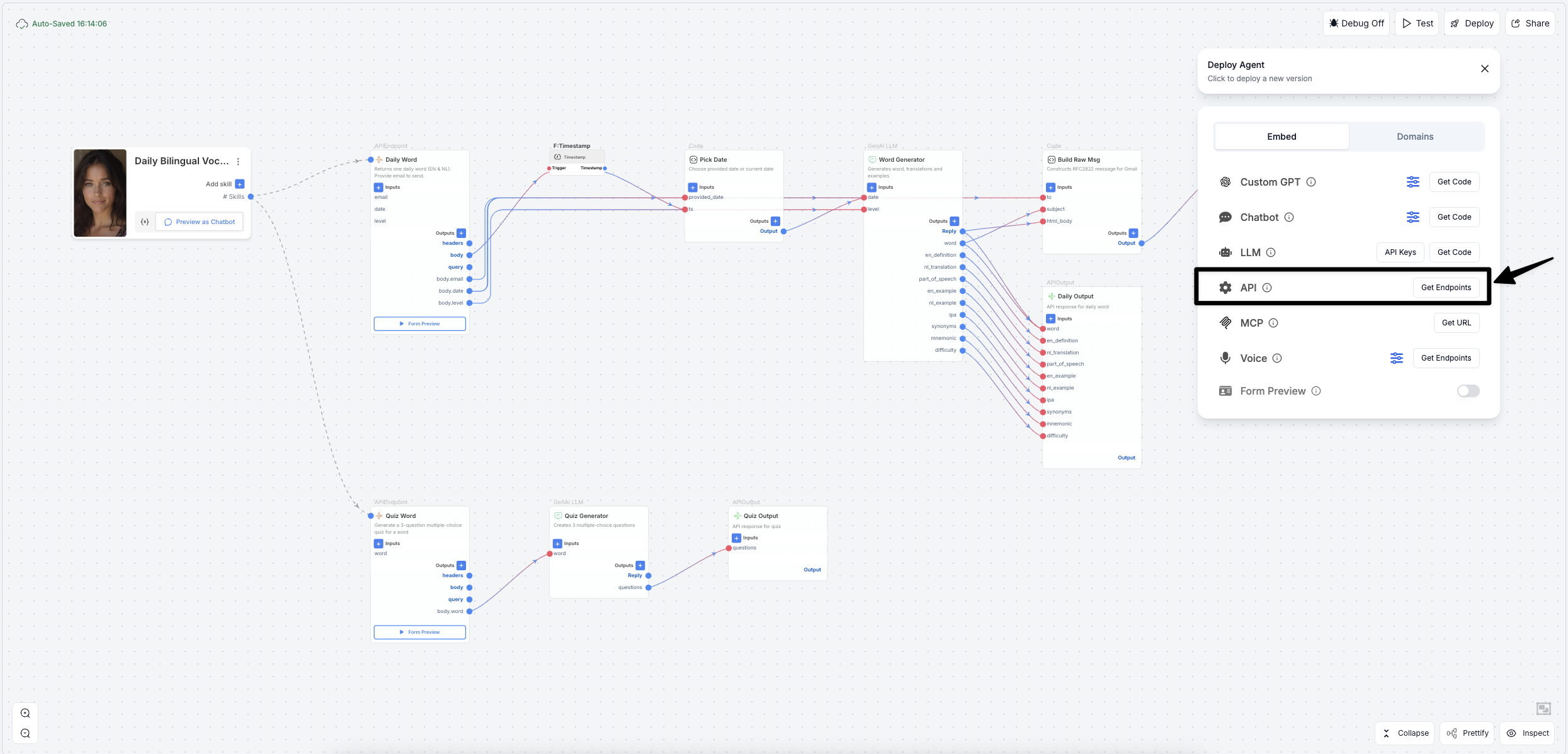 Deploy panel showing API Get Endpoints option