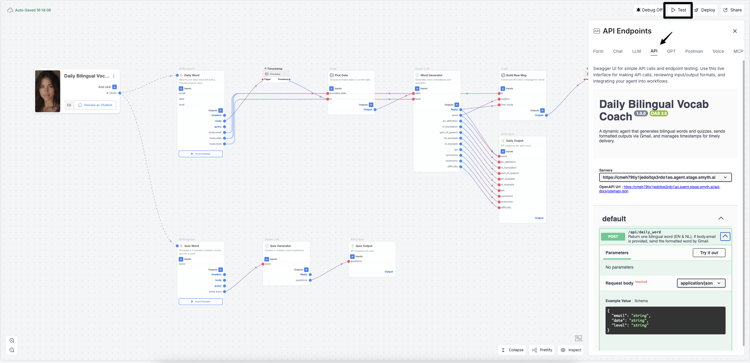 Testing API endpoints directly in SmythOS canvas