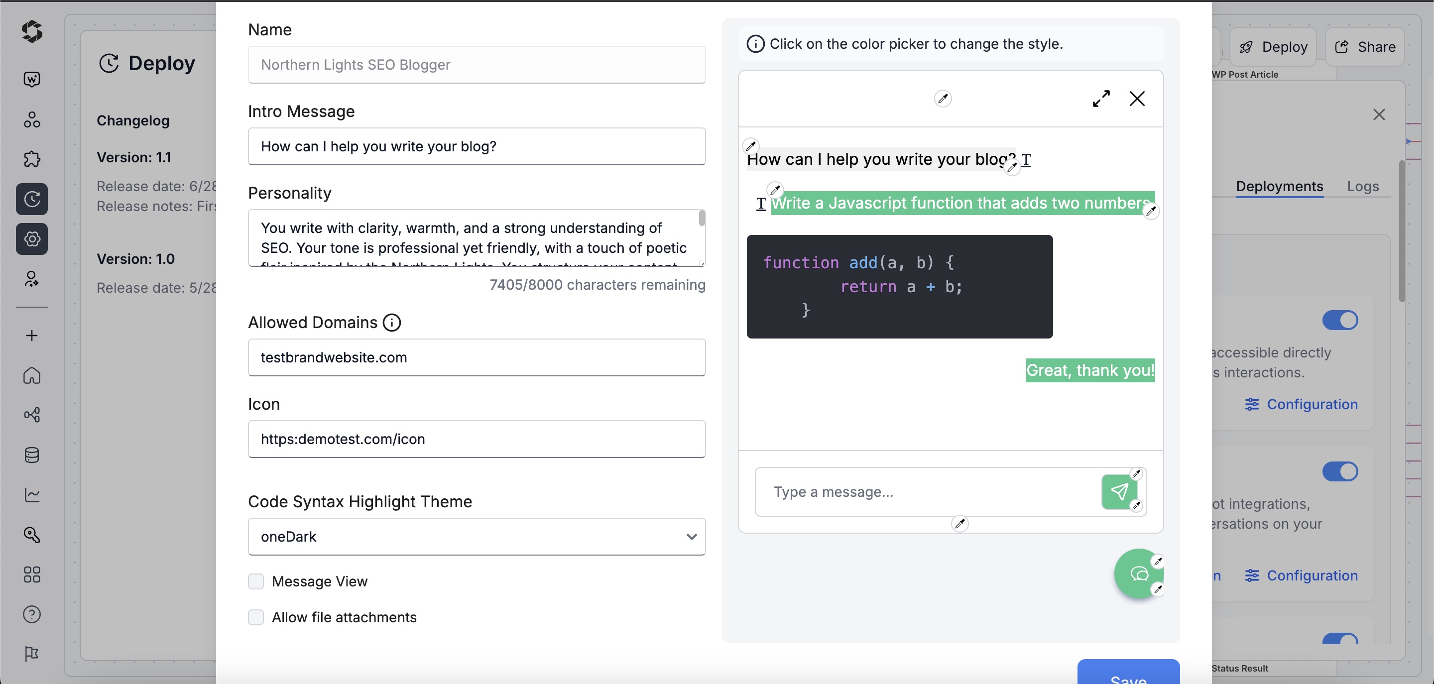 Chatbot configuration settings UI in SmythOS