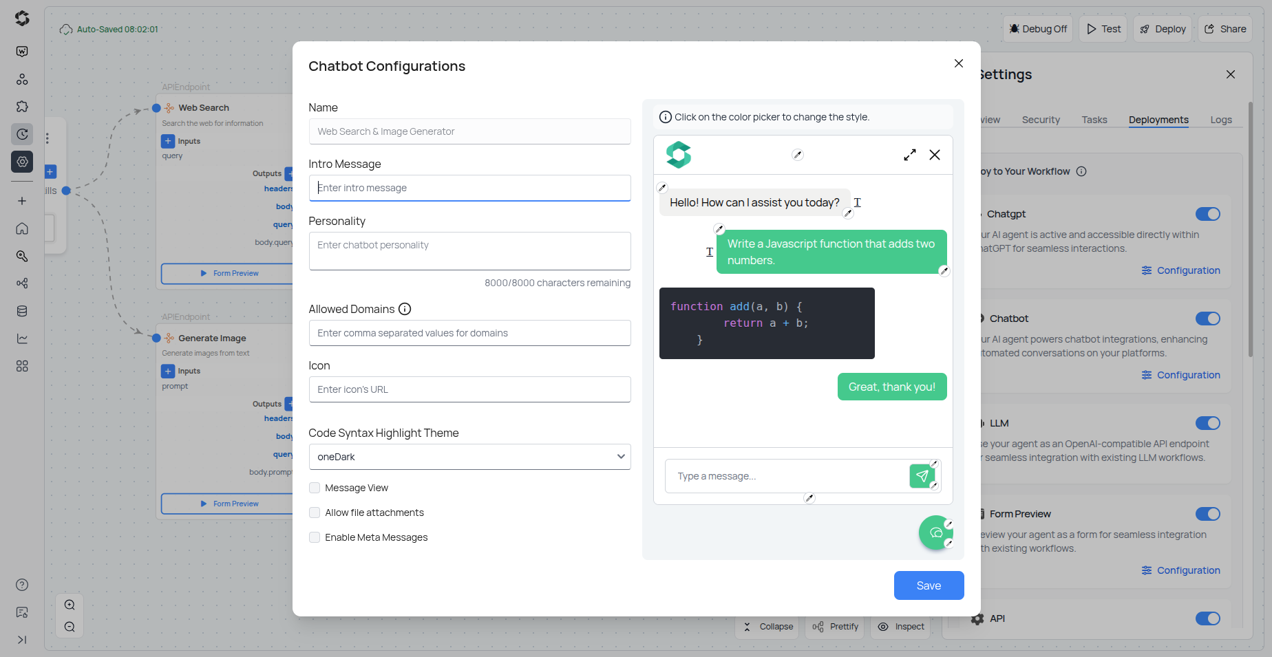 Chatbot configuration settings UI in SmythOS
