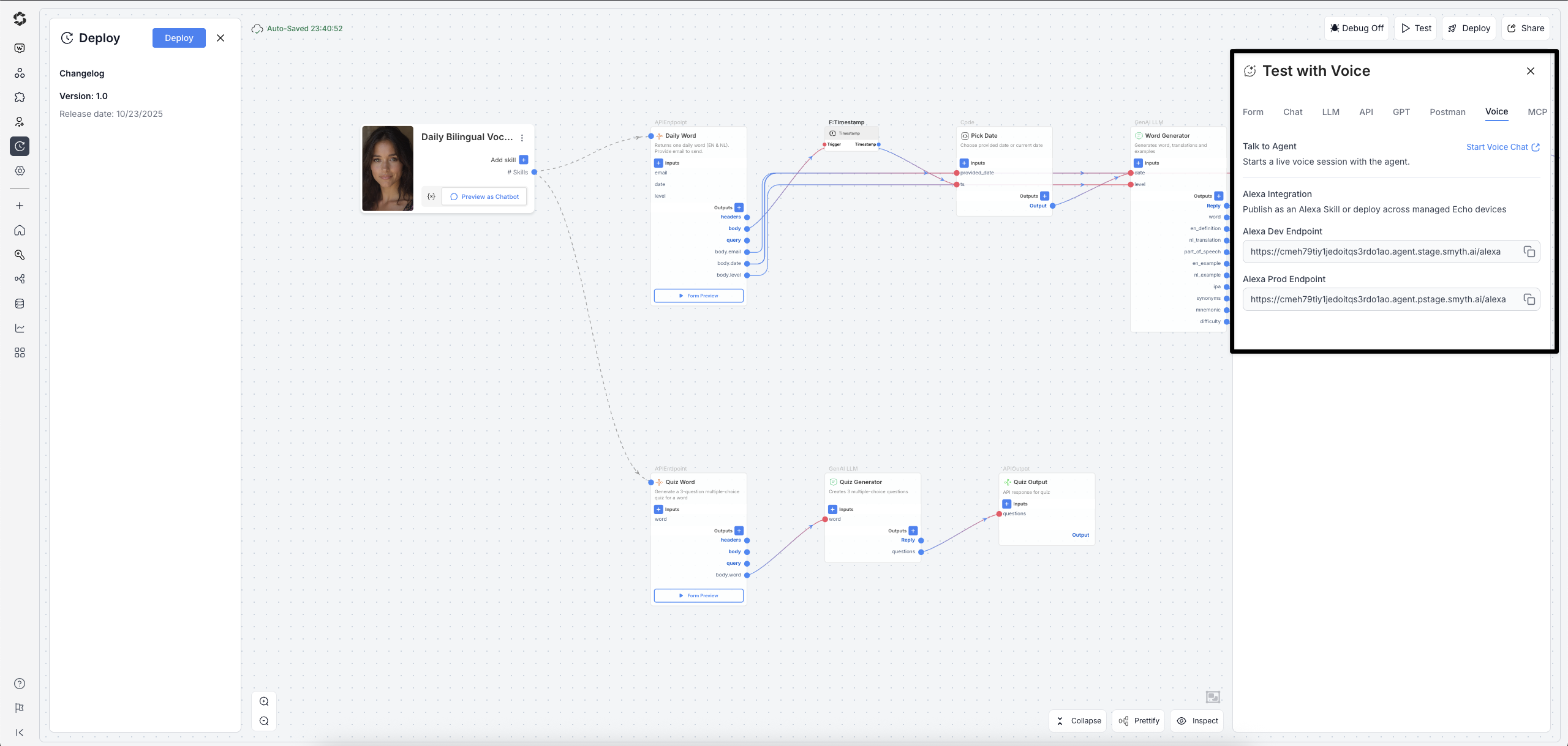 Finding the Alexa endpoints in the Test with Voice sidebar.