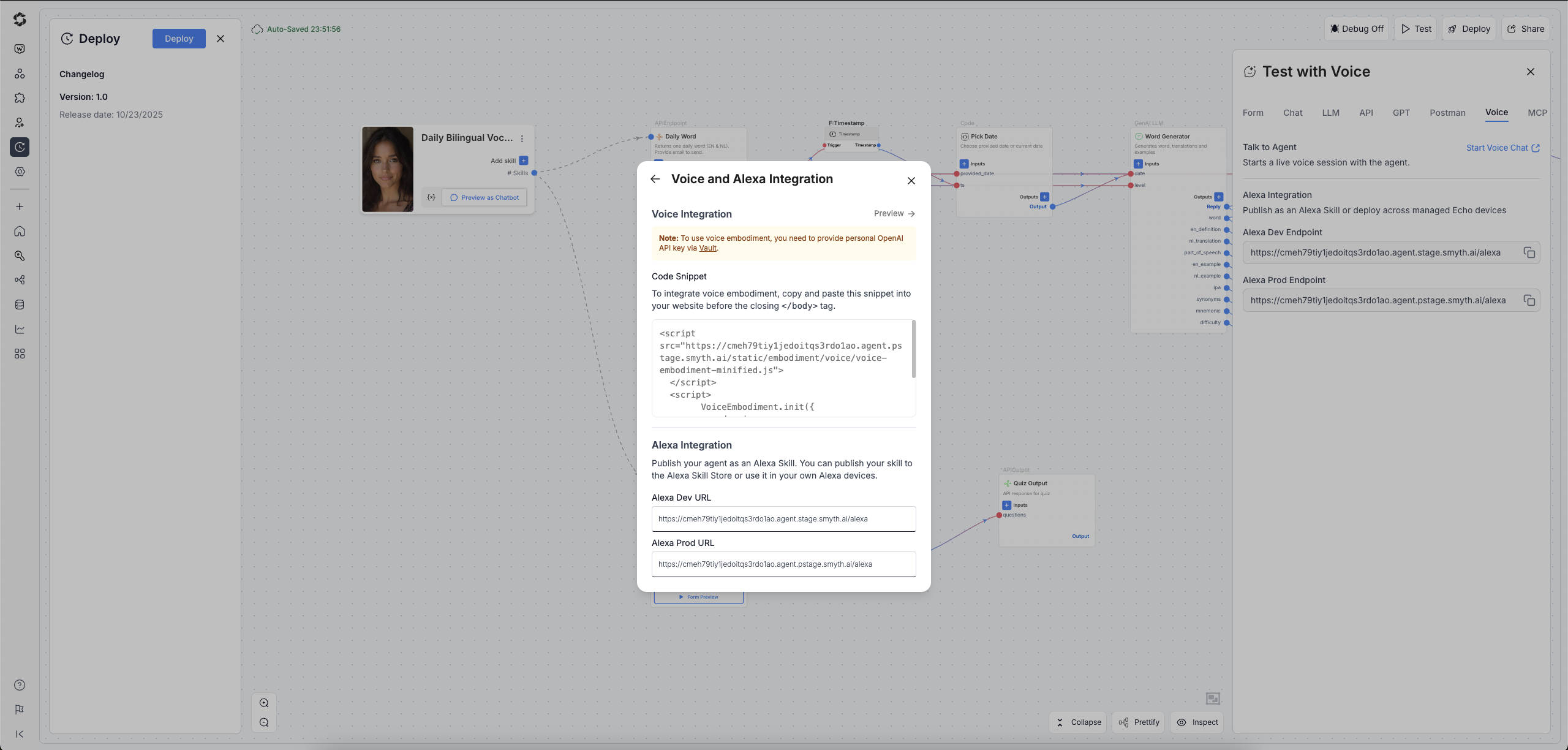 The SmythOS Voice and Alexa Integration modal.