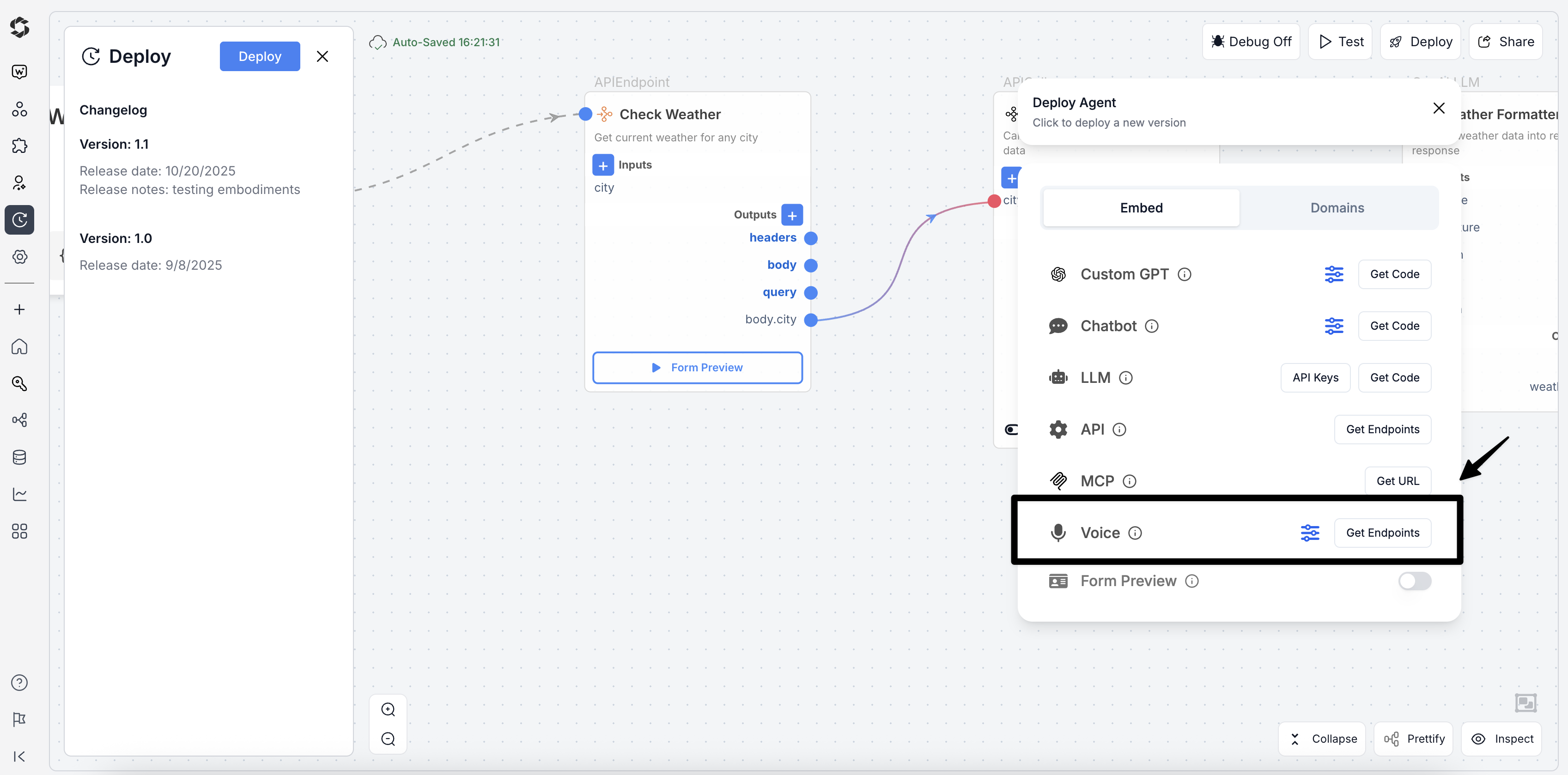 Finding the Voice deployment option in the SmythOS Deploy tab.