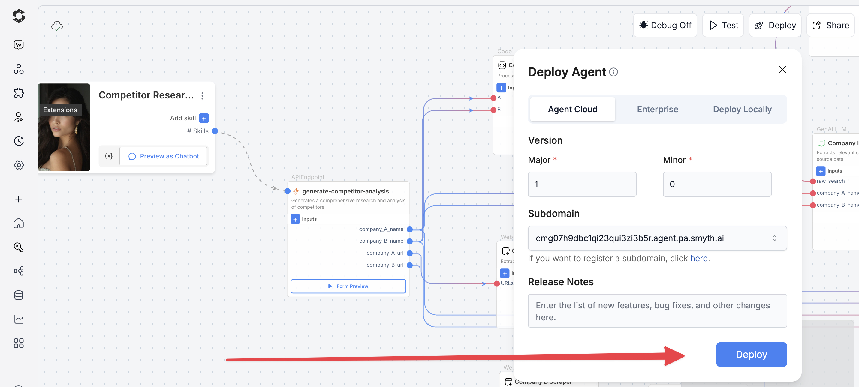 Deploy button in SmythOS Agent Studio