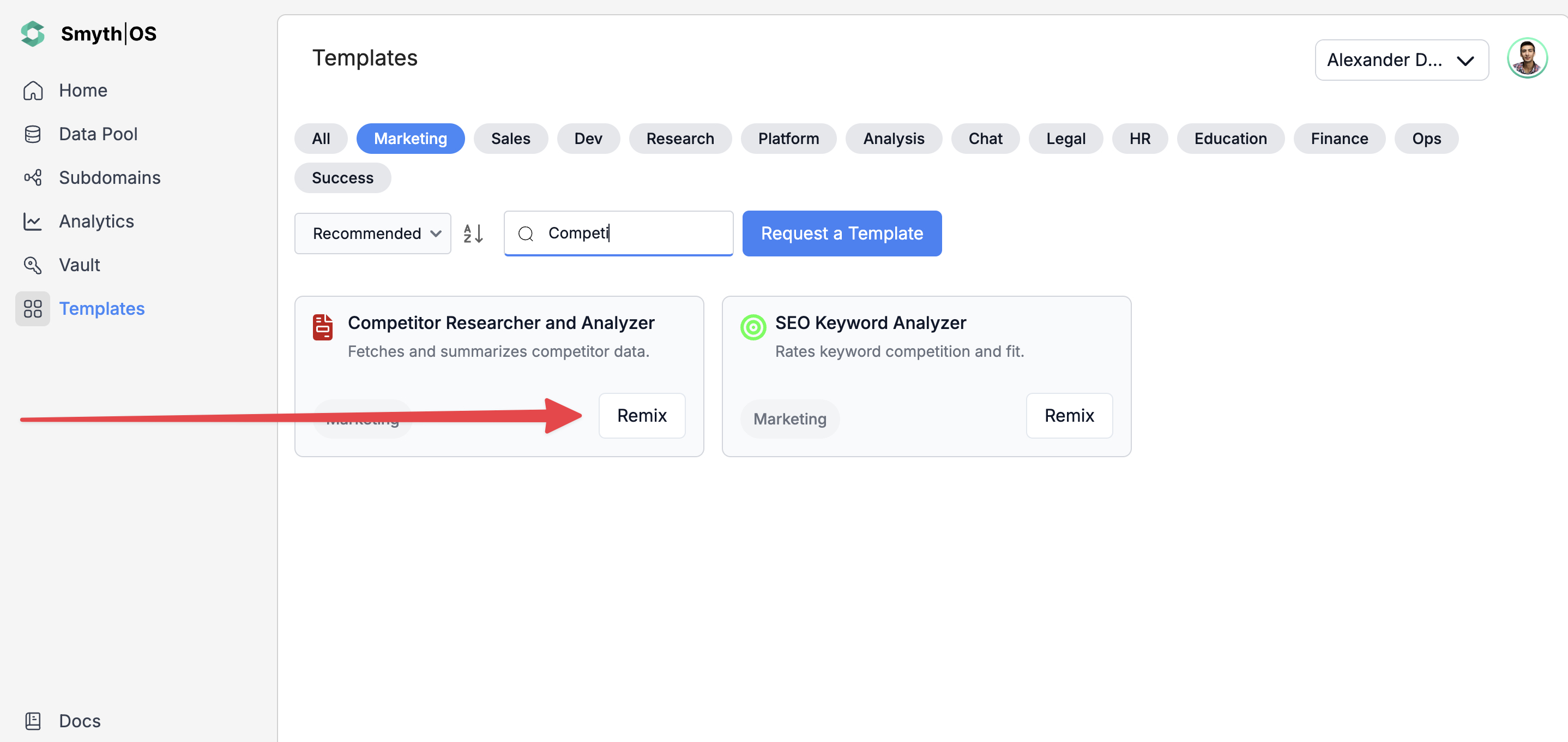 Competitor Researcher Agent template Remix in SmythOS