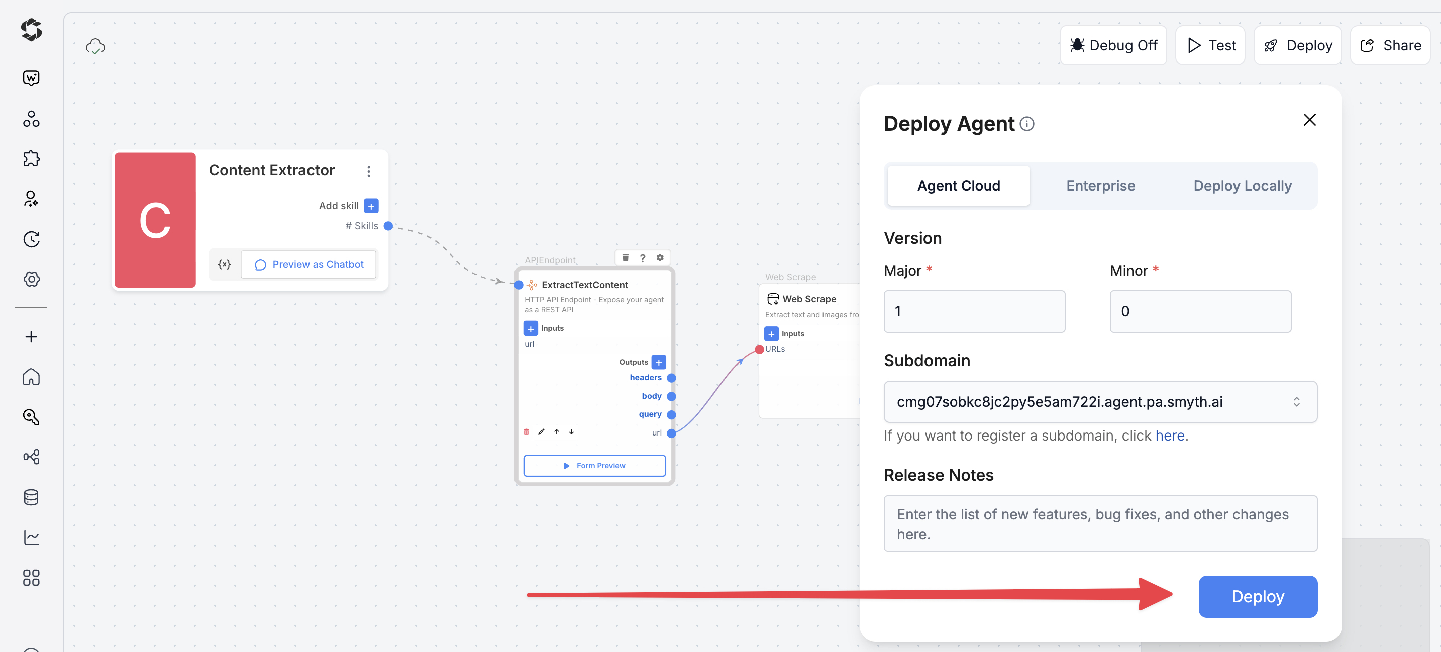 Deploy button in SmythOS Agent Studio