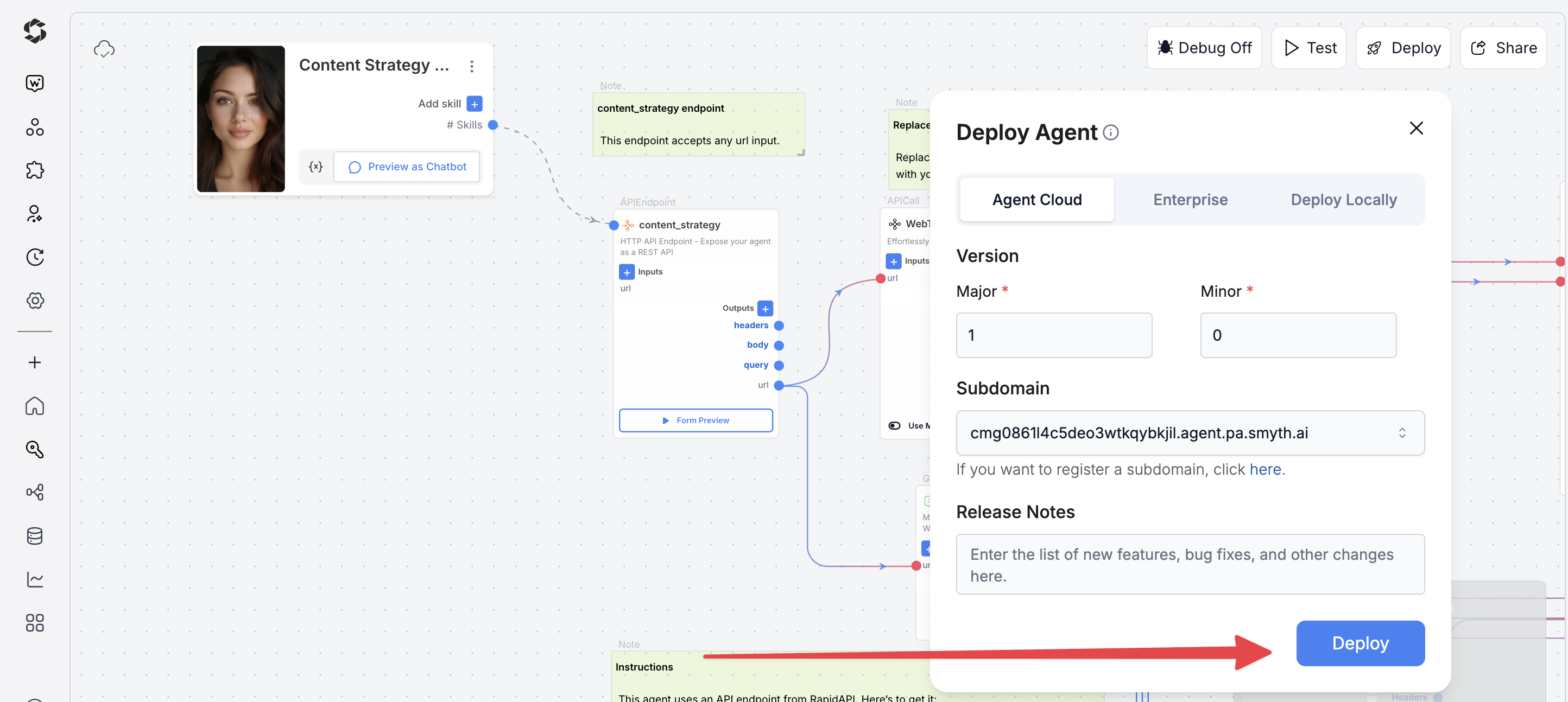 Deploy button in SmythOS Agent Studio