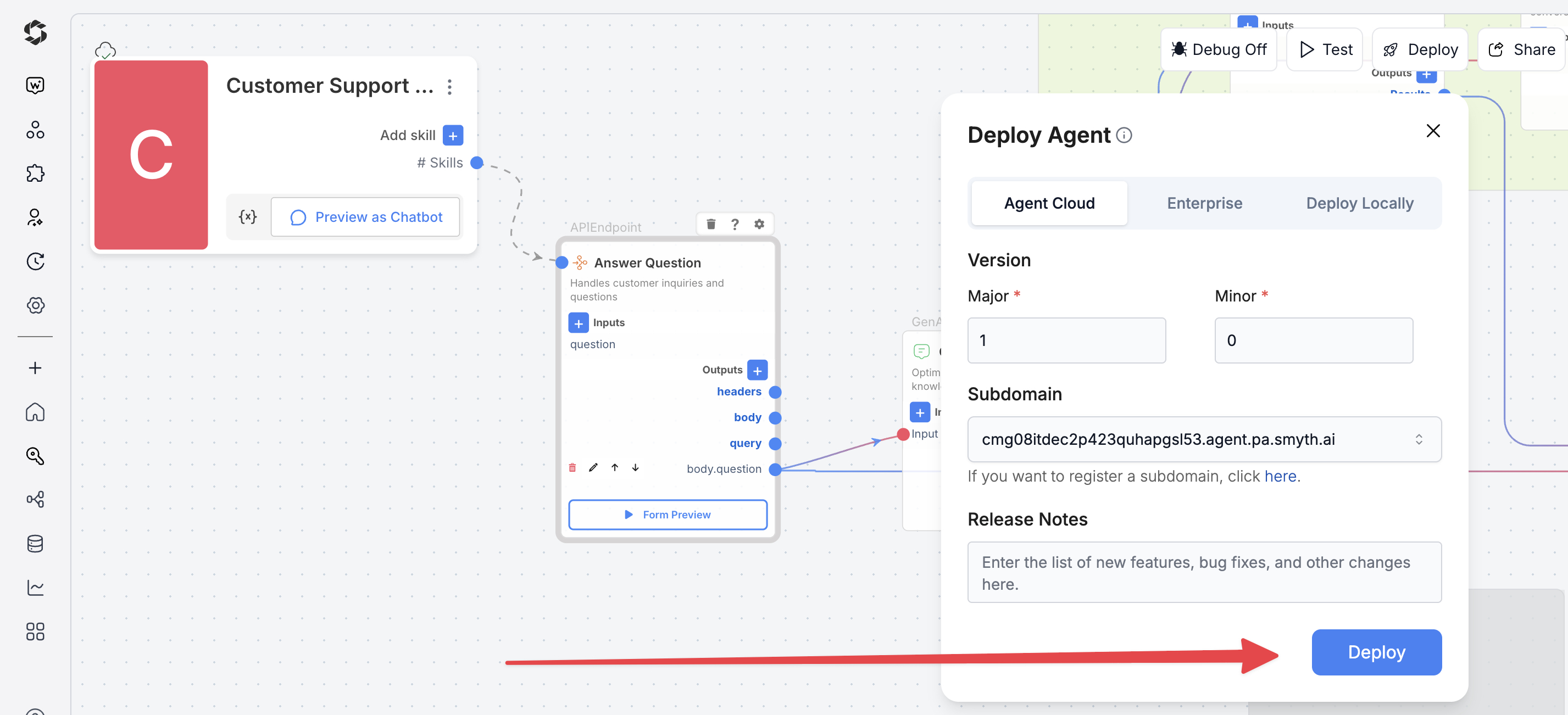 Deploy button in SmythOS Agent Studio