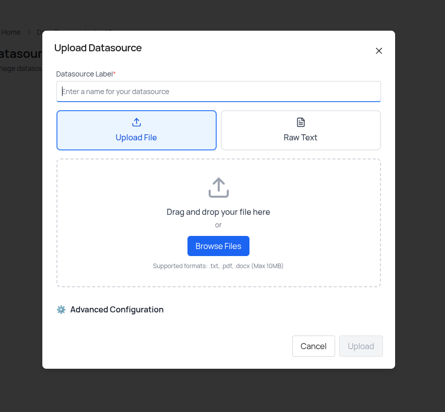 Add Data Source modal in SmythOS