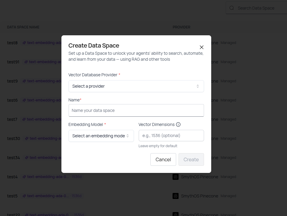 Create Data Space modal
