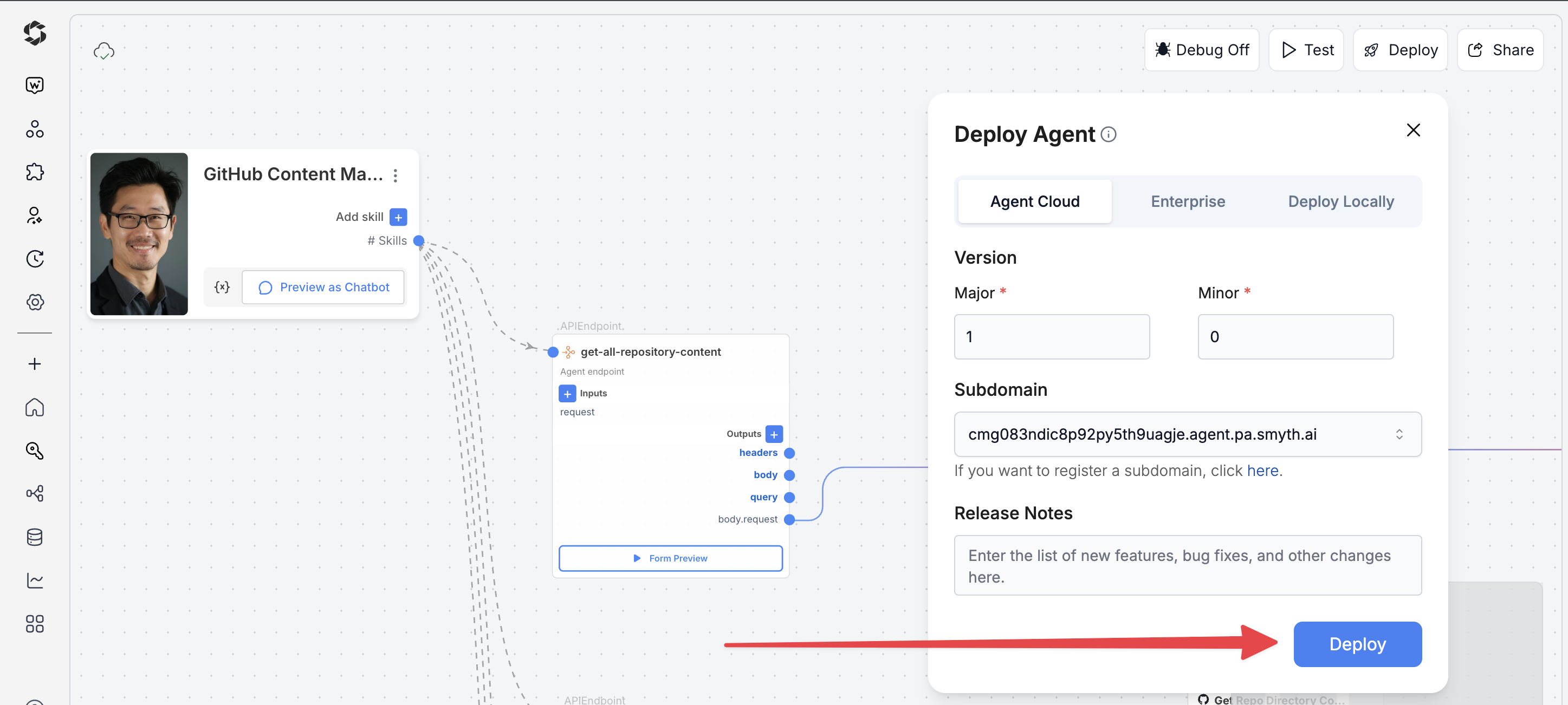 Deploy button in SmythOS Agent Studio
