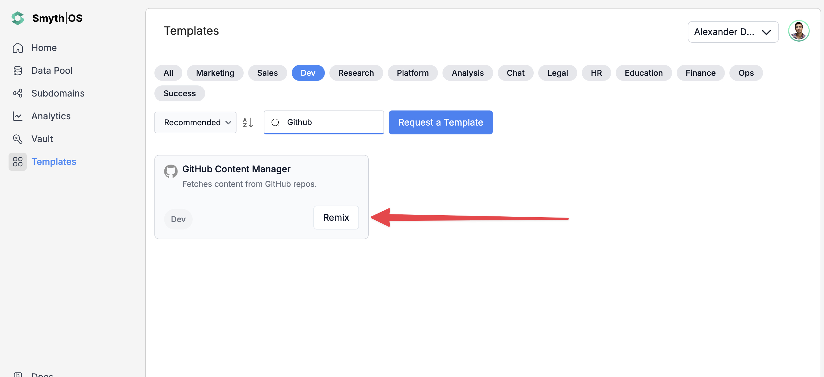 GitHub Content Manager Agent template Remix in SmythOS