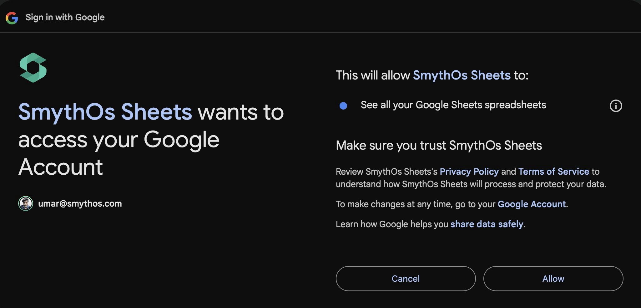 Google Sheets authentication screen