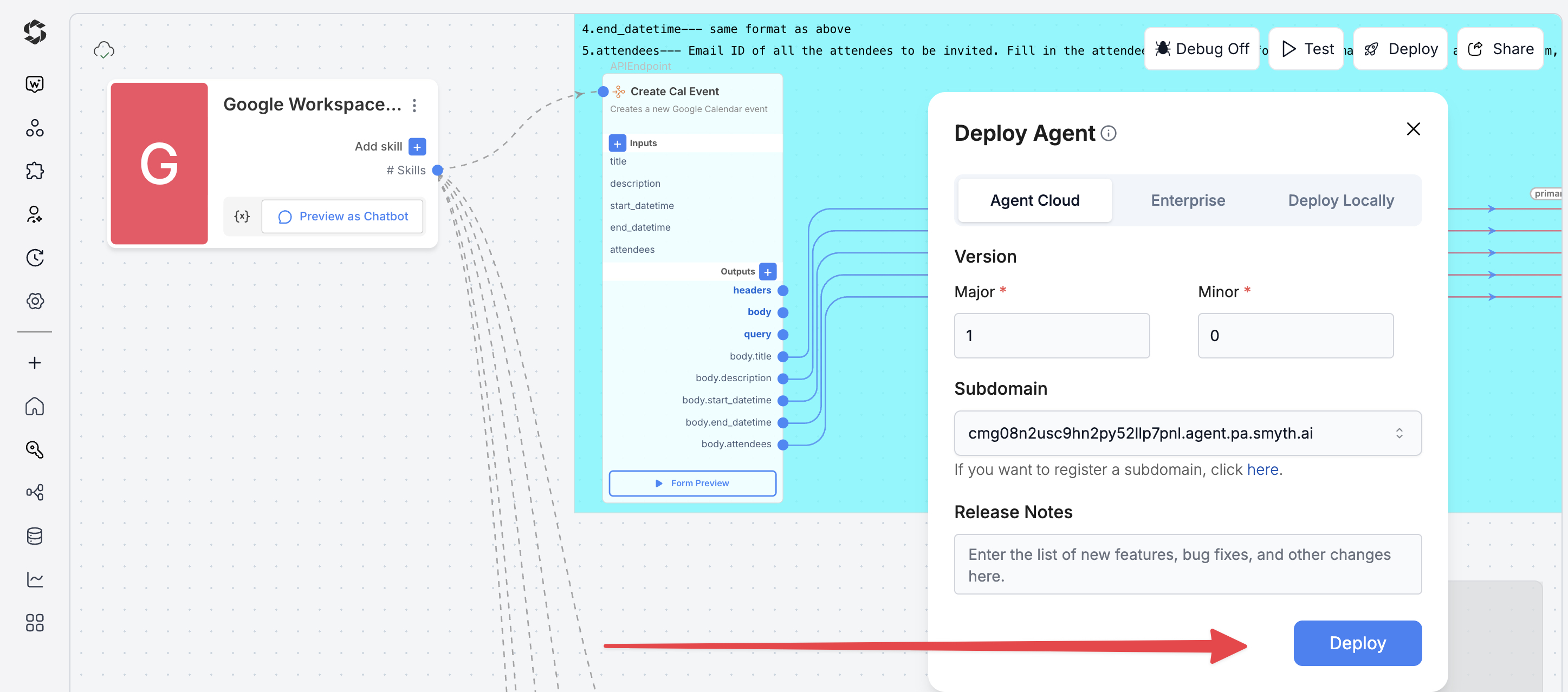 Deploy button in SmythOS Agent Studio
