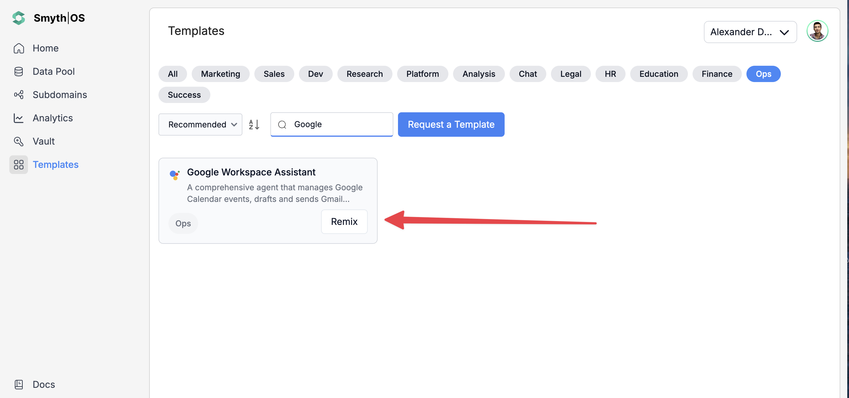 Google Workspace Assistant Agent template Remix in SmythOS