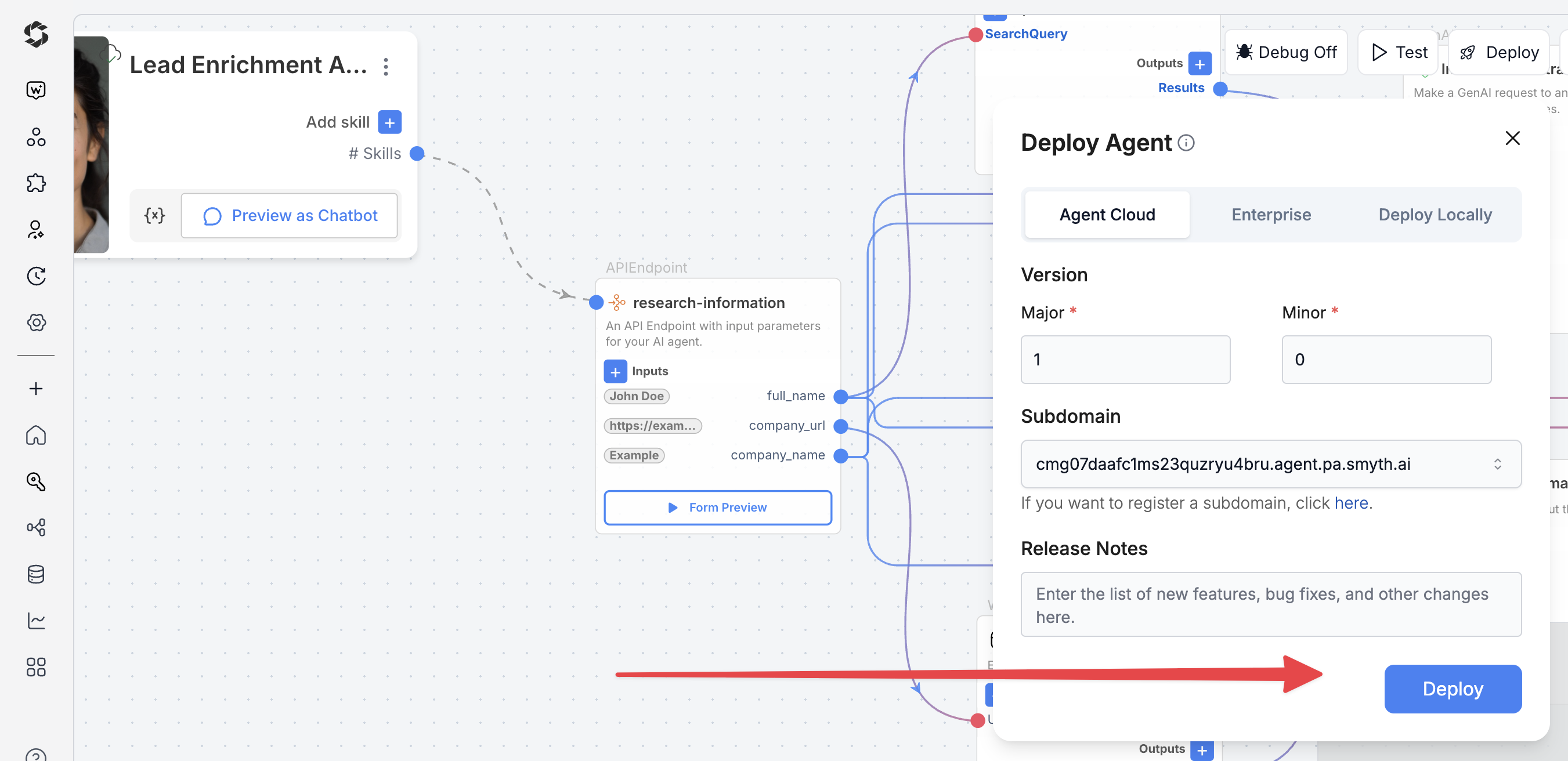 Deploy button in SmythOS Agent Studio
