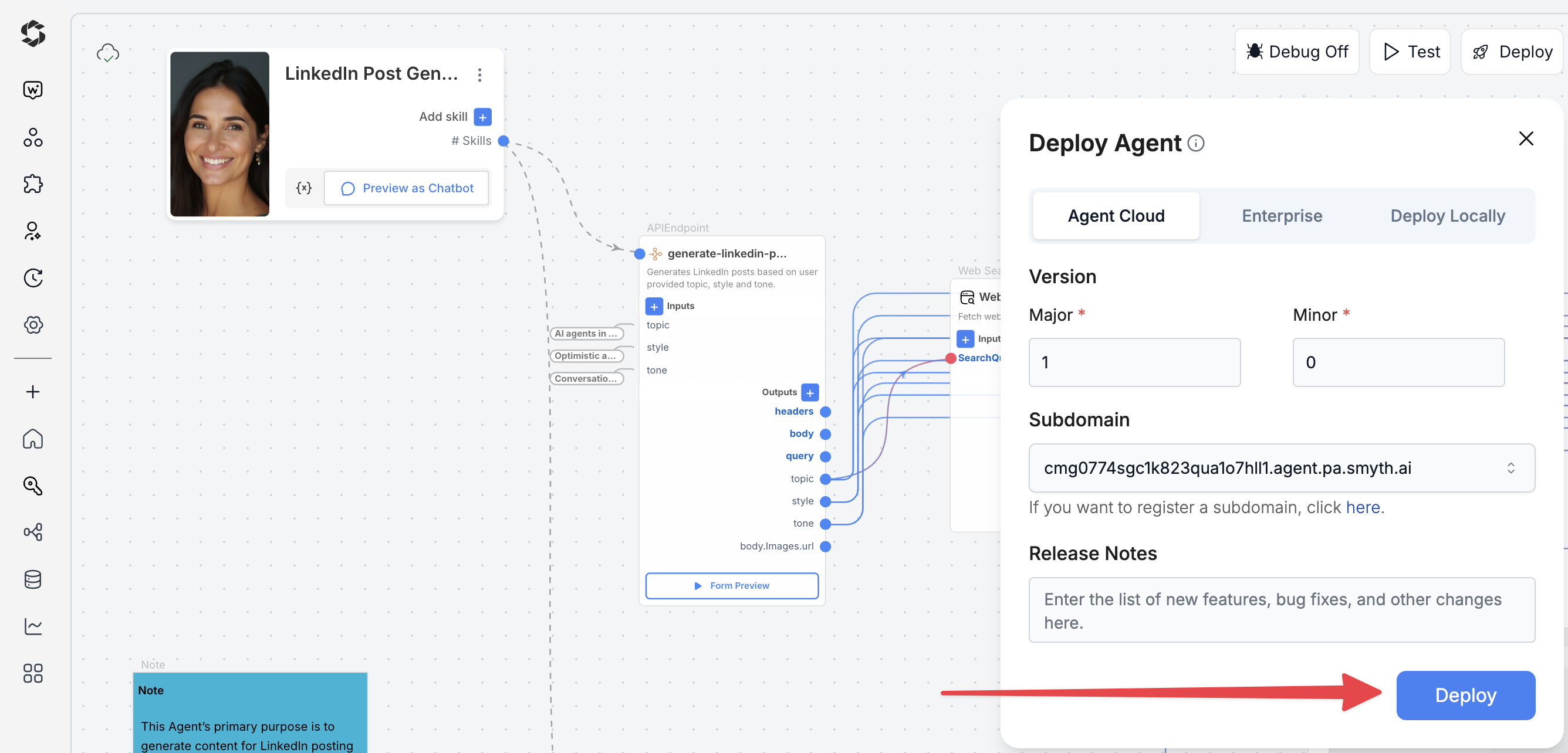 Deploy button in SmythOS Agent Studio