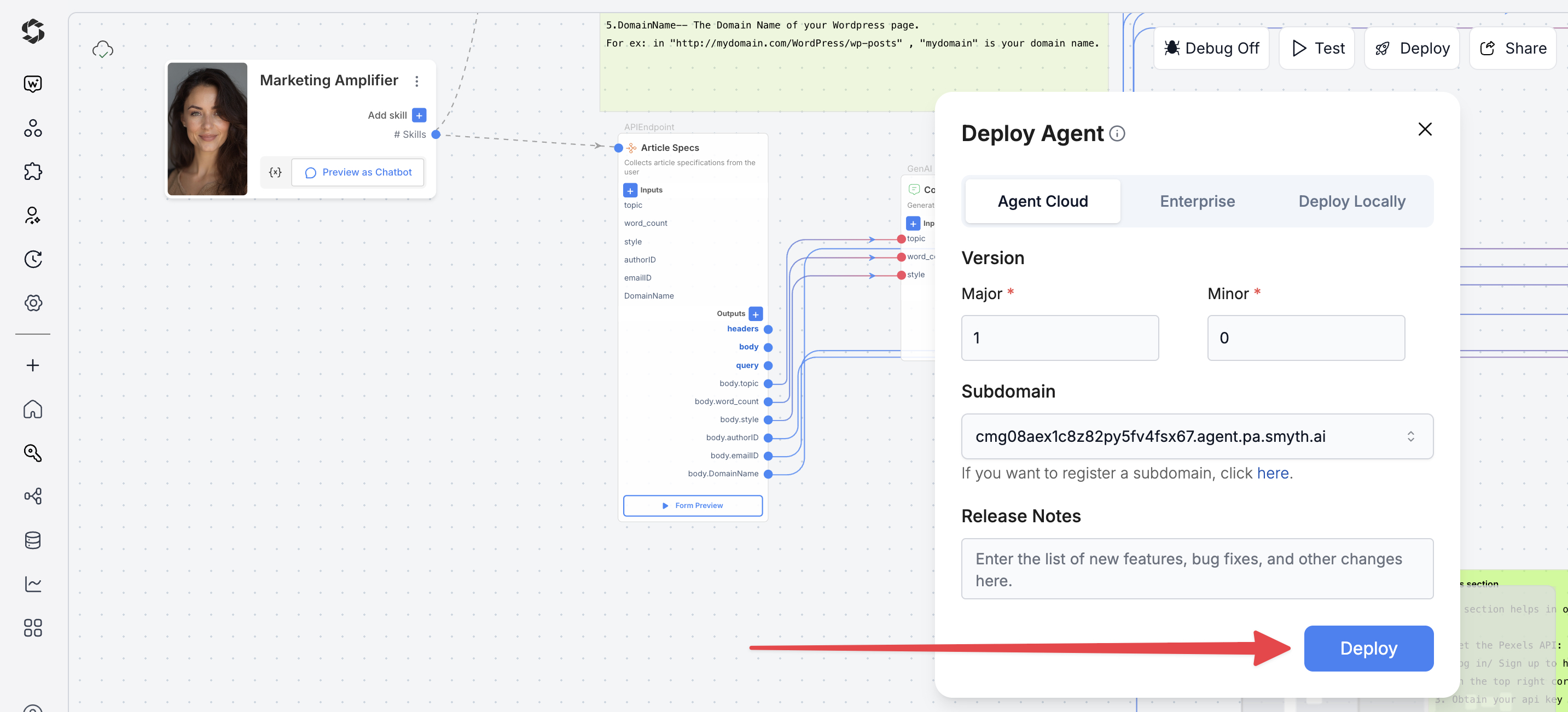 Deploy button in SmythOS Agent Studio