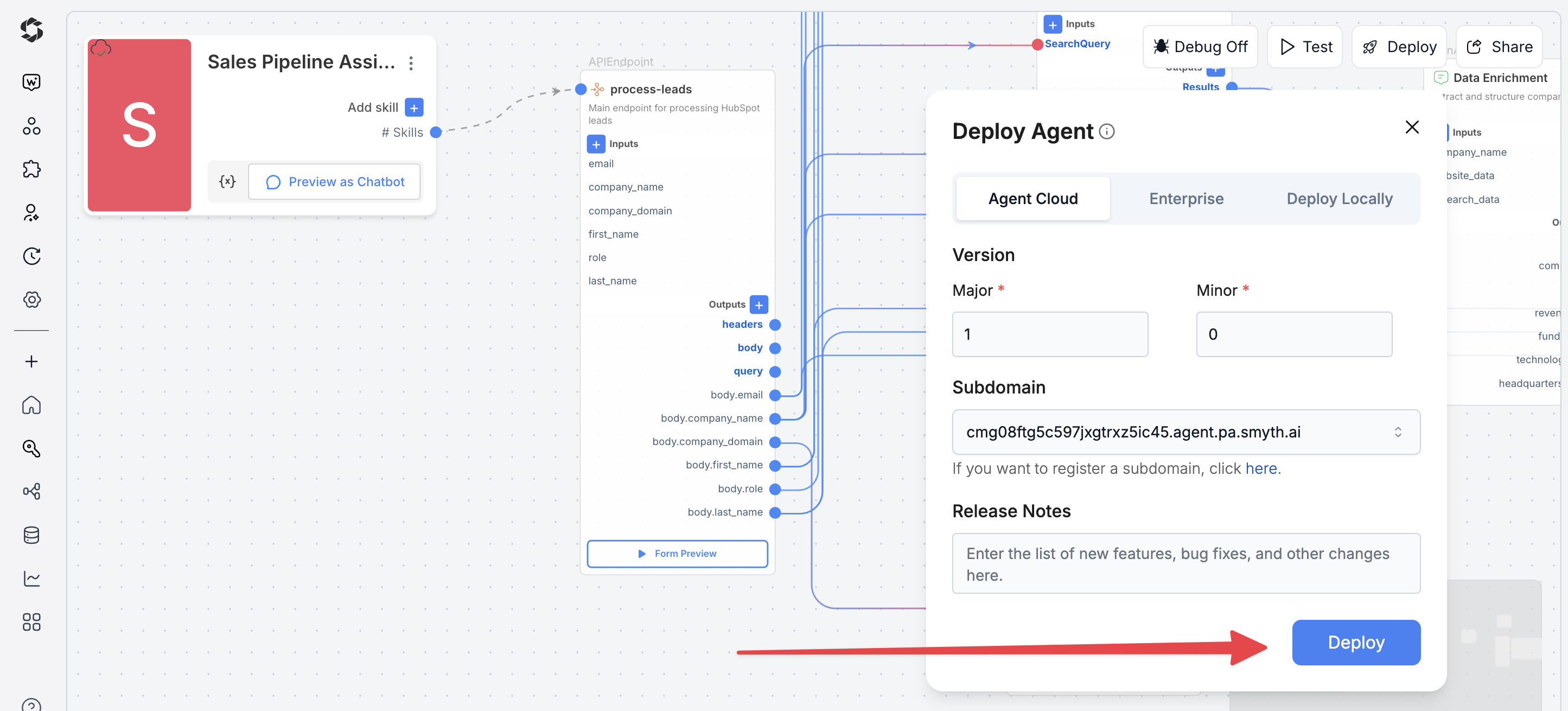 Deploy button in SmythOS Agent Studio