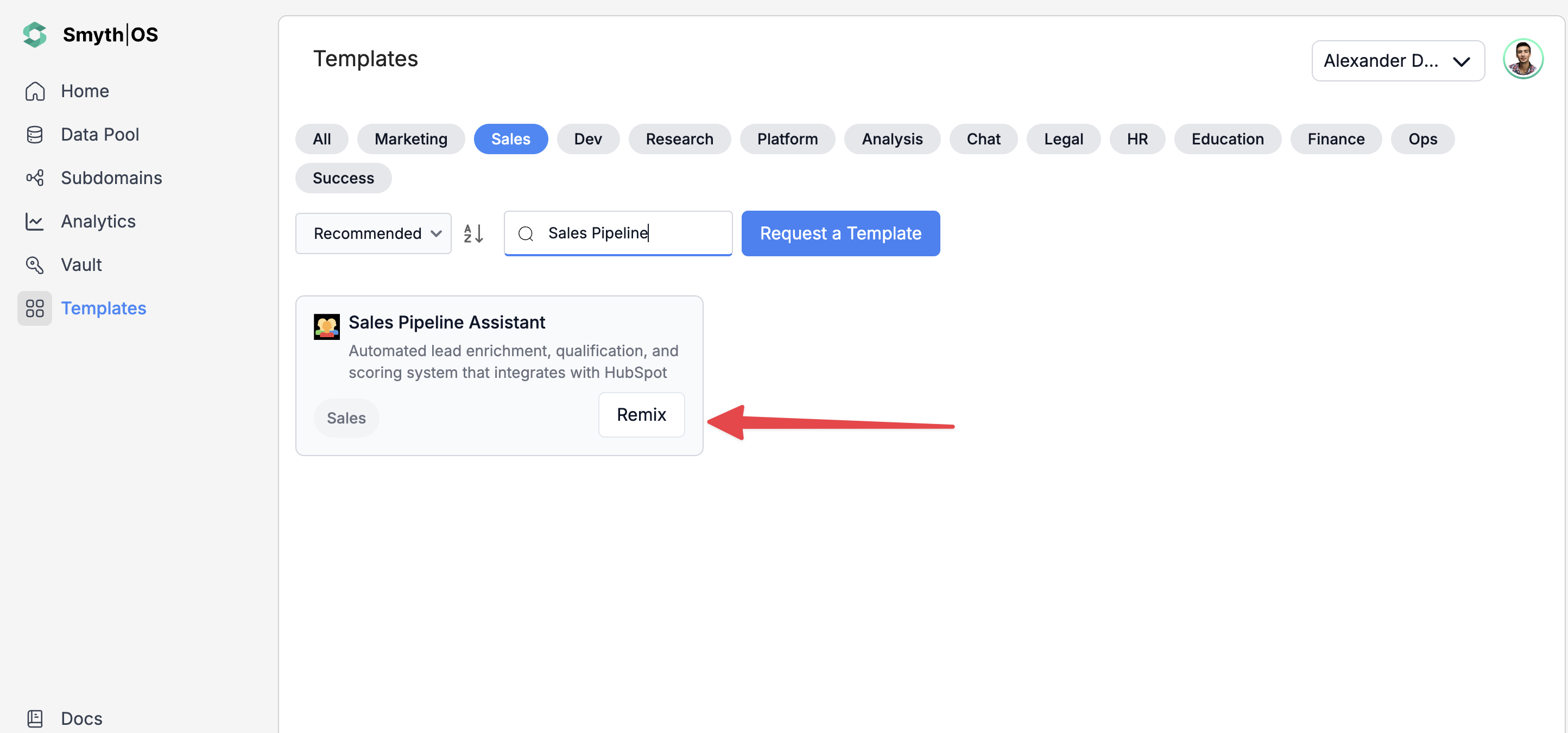 Sales Pipeline Assistant Agent template Remix in SmythOS