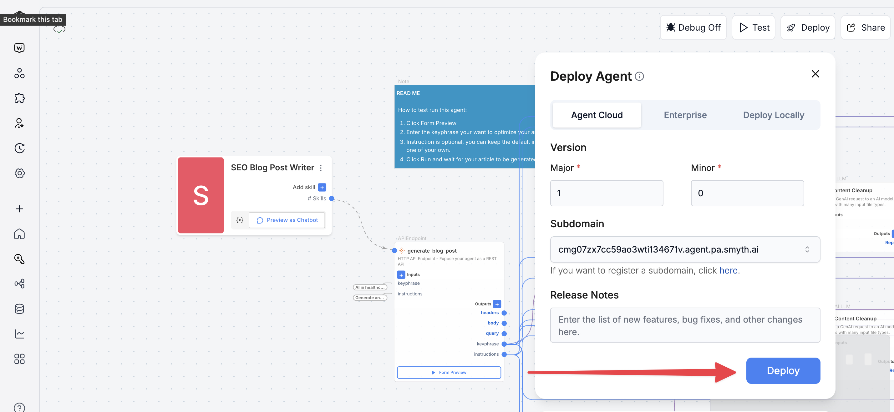 Deploy button in SmythOS Agent Studio