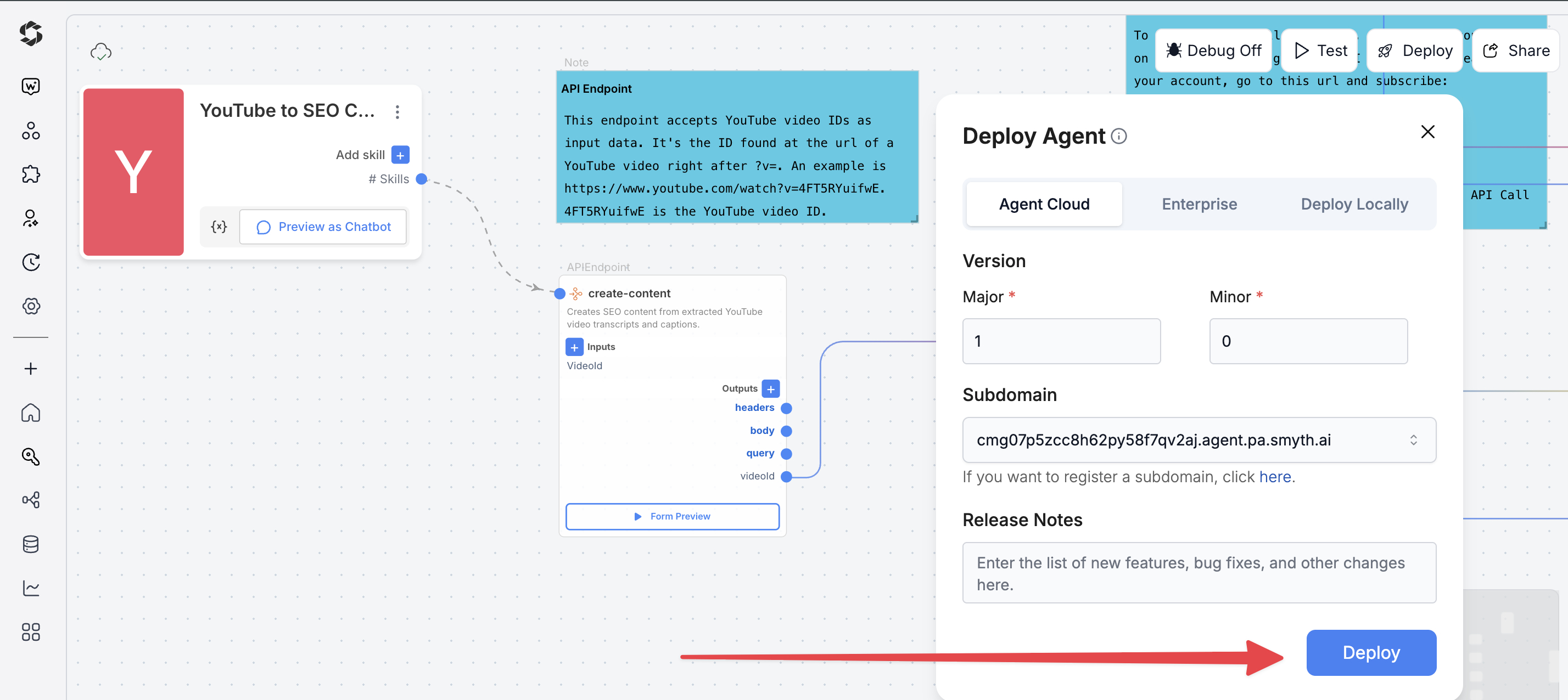 Deploy button in SmythOS Agent Studio