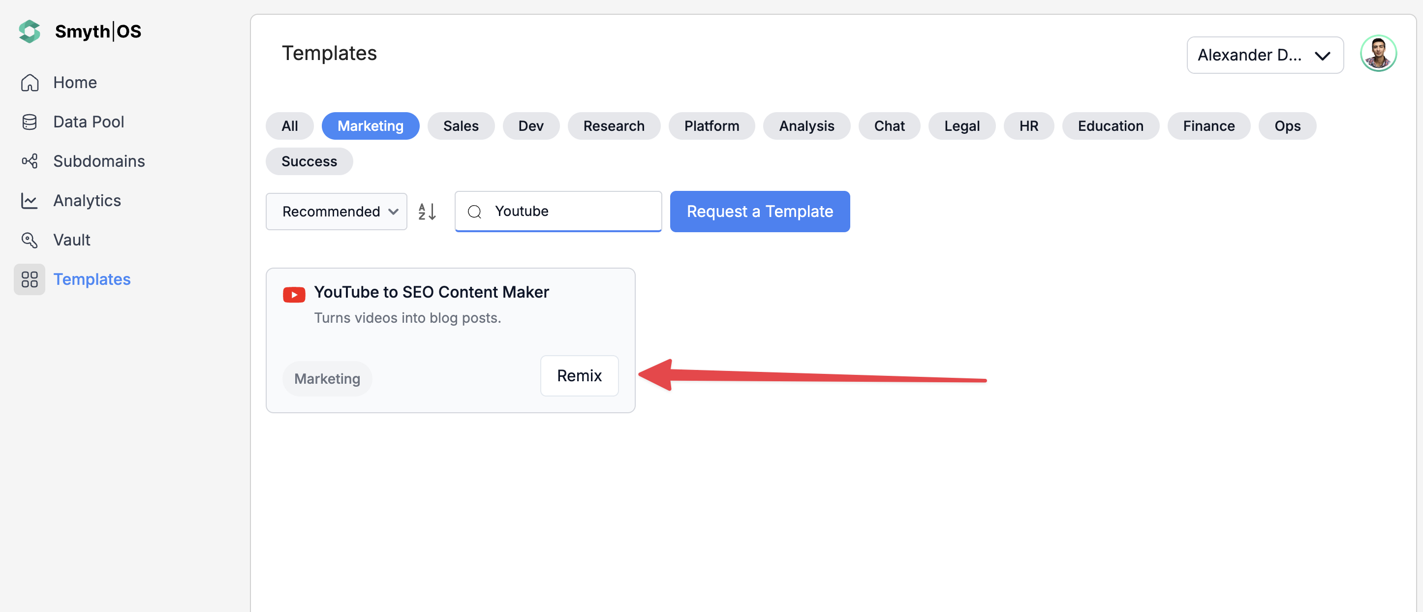 YouTube to SEO Content Maker Agent template Remix in SmythOS