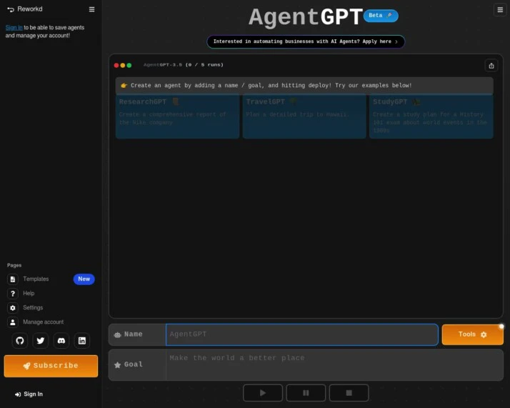 Screenshot of AgentGPT website