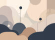 Minimalist design with abstract geometric shapes in muted colors representing AI agents and chatbots.