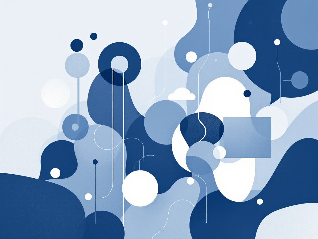 A modern, minimalist illustration depicting abstract shapes in shades of blue, gray, and white, hinting at language, knowledge, and technology.