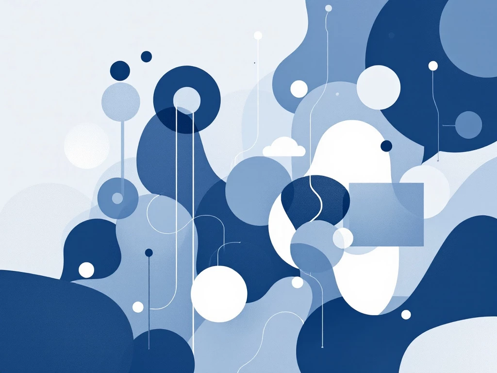 A modern, minimalist illustration depicting abstract shapes in shades of blue, gray, and white, hinting at language, knowledge, and technology.