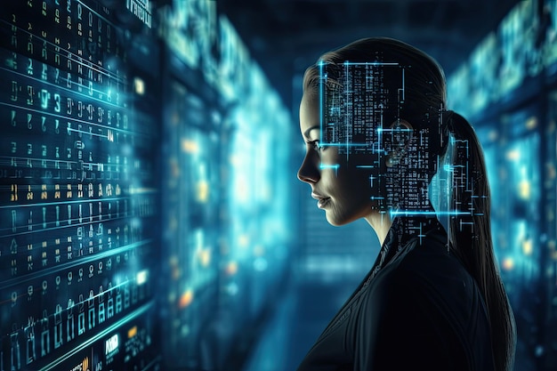 A figure with data patterns near server racks representing AI governance.