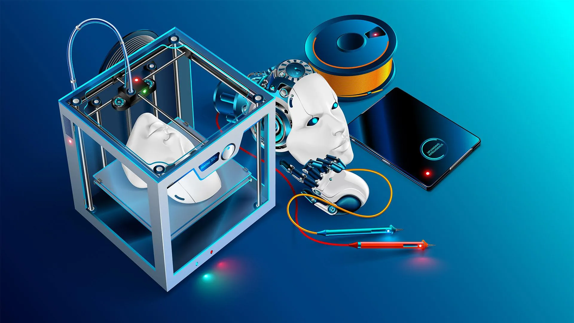 3D printer, robotic head, smartphone, and tools representing AI advancements