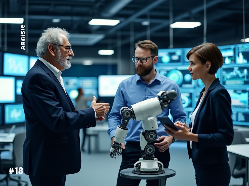 A group of three professionals collaborating around a robotic arm in a modern office.