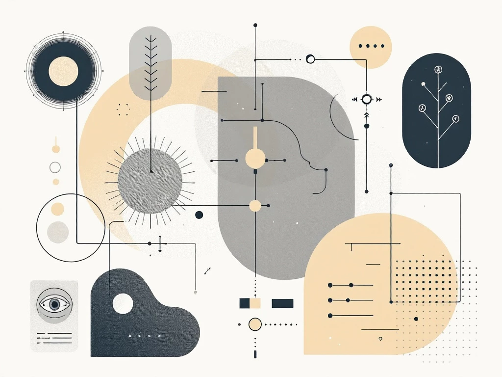 A minimalist, modern design featuring geometric shapes and patterns in muted tones representing AI tools beyond chatbots.