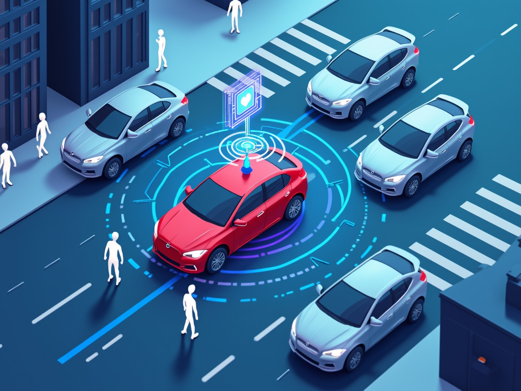 Digital illustration of an autonomous vehicle network with AI.