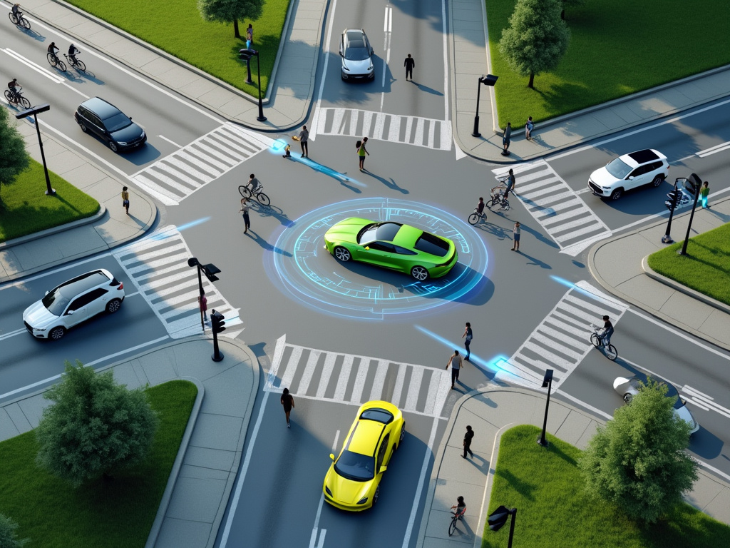 Autonomous vehicles and cyclists at a high-tech intersection interacting.