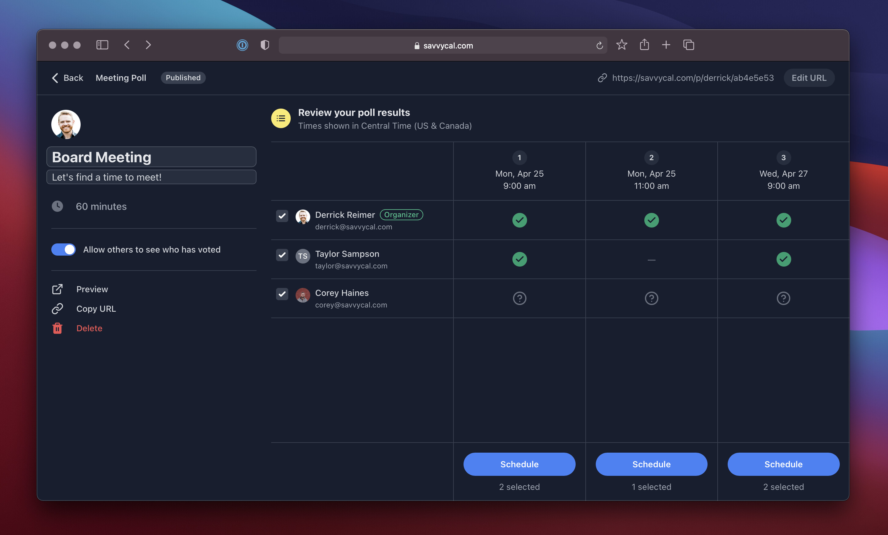 Scheduling interface showing availability for board meeting