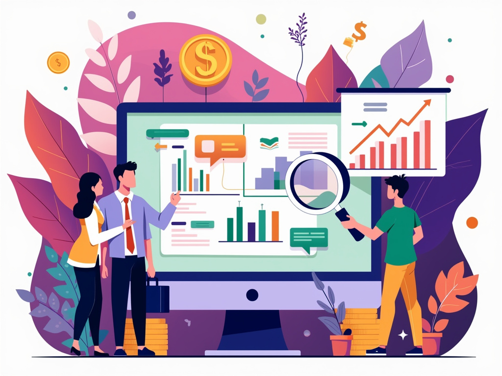 A diverse group of professionals engaging with digital displays and graphs about robotic process automation, highlighting financial efficiencies.