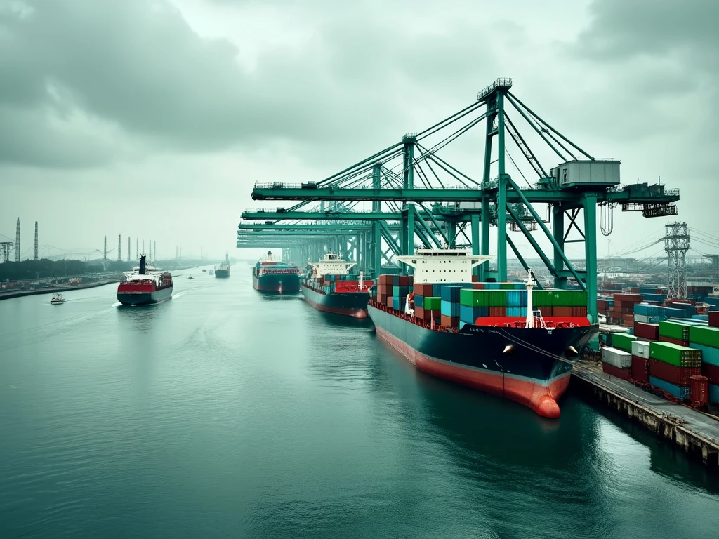 A vibrant view of a bustling commercial port with cranes and ships.