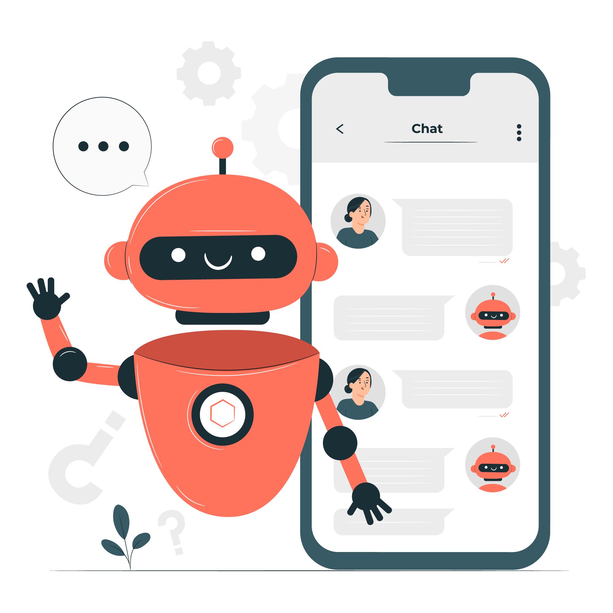 A cheerful red chatbot waving next to a smartphone with chat bubbles.